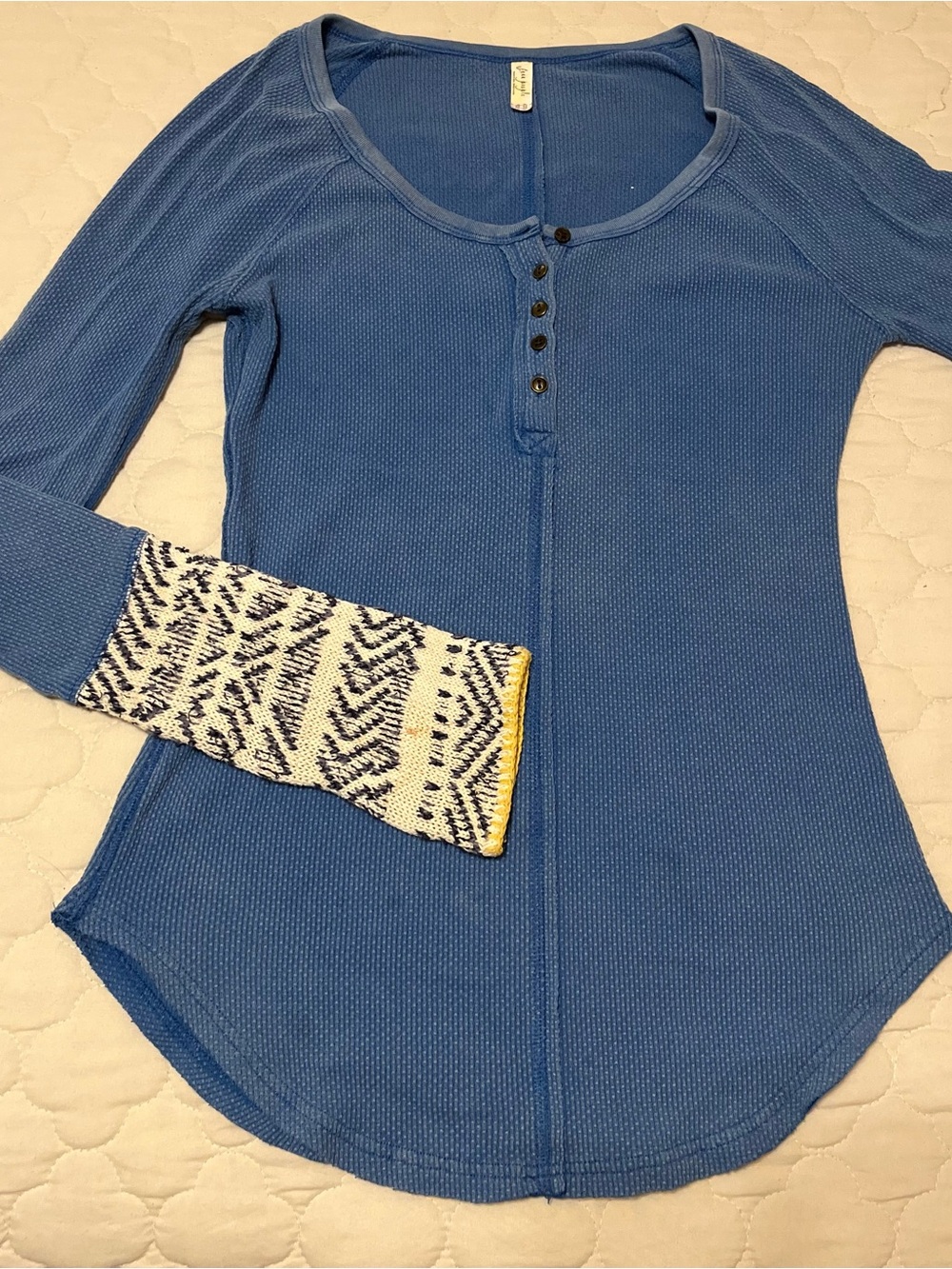 Free People Dusty Blue Waffle-Knit Thermal Alpine Henley Long Sleeve Top